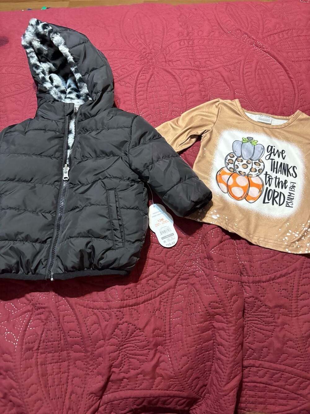 Wonder Nation Puffer Jacket Size 12M and infant shirt lot